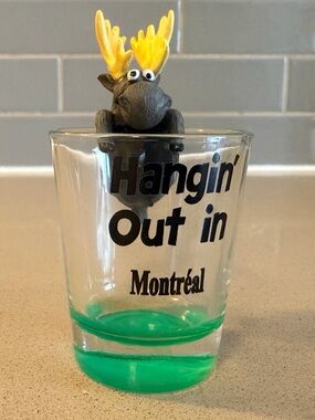 Hangin' Out in Montréal Novelty Shot Glass with Yellow Moose Figurine